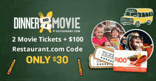 2 Movie Tickets + $100 Restaurant.com Code